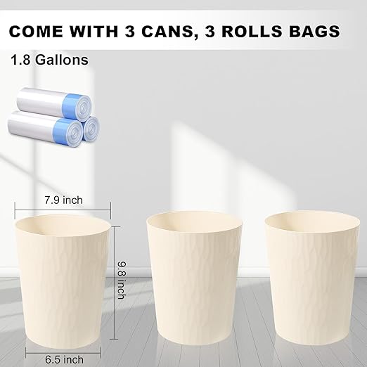 UUJOLY Small Trash Can Wastebasket Garbage Can Container Bins for Bathrooms,Bedroom Room, Kitchens, Offices, Kids Rooms, Dorms, 3 Pack, Beige