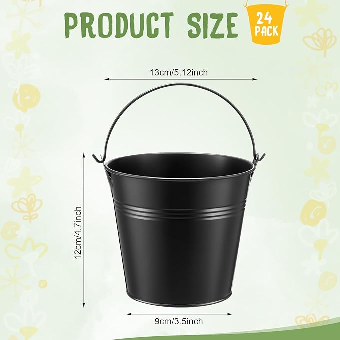Rtteri 24 Pcs Metal Bucket 5 x 3.5 x 4.7 Inch Mini Party Buckets for Flower Pot Plant Basket Iron Small Metallic Pails with Handle for Container Candy Snack Crafts Vase Party Favors(Black)