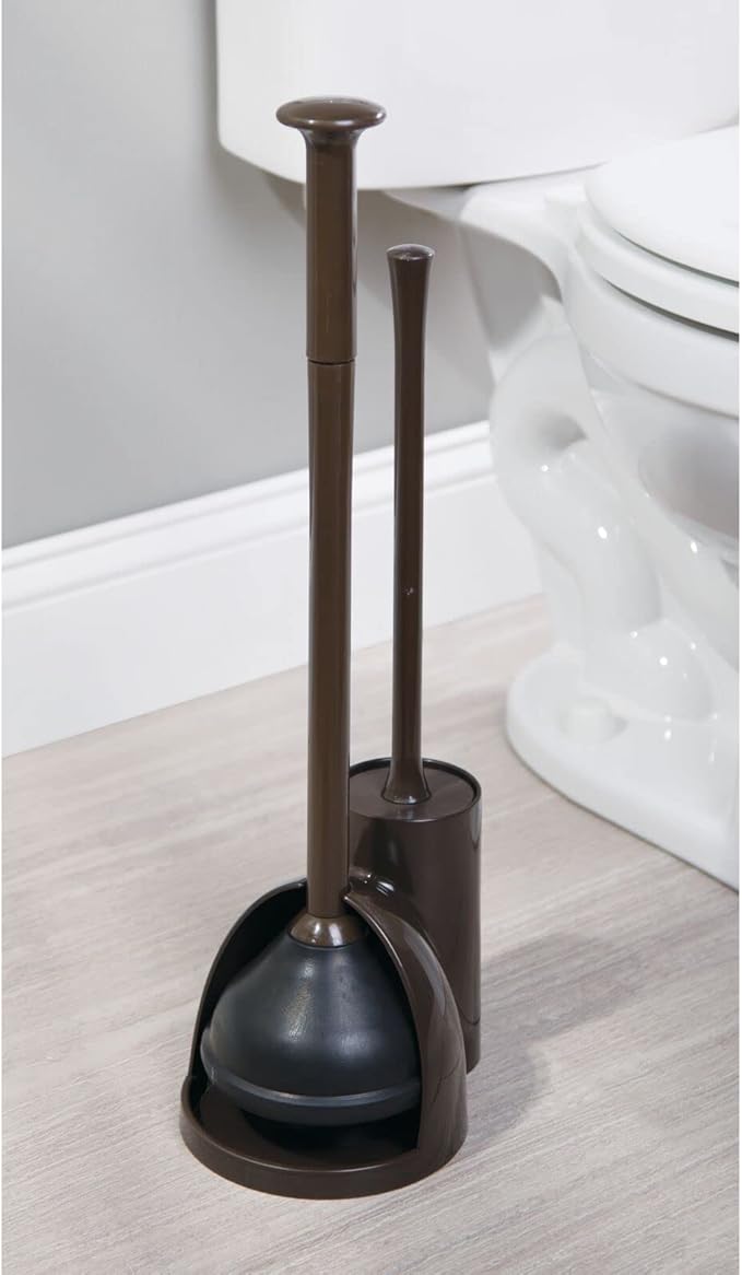 mDesign Hidden Plunger and Brush Set for Toilet Bowl - Combo with Holder Caddy - Modern Toilet Brush and Plunger Set - Aura Collection - Dark Brown