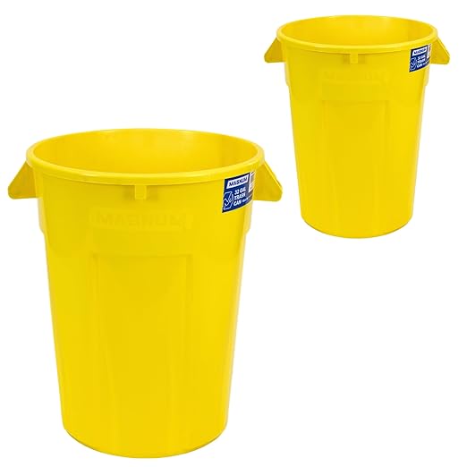 Magnum 32 Gallon Trash Can, High-Vis Yellow, Construction Grade, Heavy Duty Plastic, Jobsite Ready for Handling and Holding Garbage CMTC-C000-32Y02 (2 Pack)