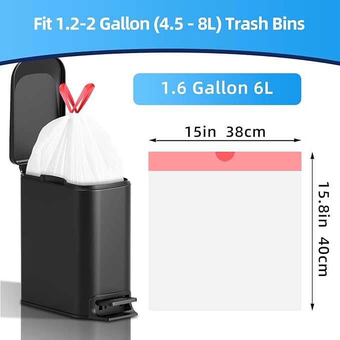 KUK 1.6 Gallon Drawstring Trash Bags - 60 Count White Small Garbage Bags, Unscented Strong Plastic Waste Basket Liners for Home/Office/Car, Fits 4.5-8 Liter Bins, 6 Rolls with Tear-Free Design