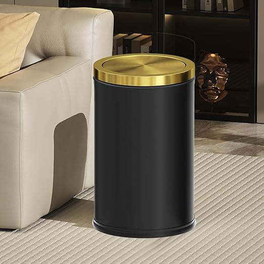 4.7 Gallon/18L Stainless Steel Bathroom Trash Can,Black and Gold Garbage Bin with Swing Lid,Round,Elegant Waste Basket,for Toilet,Kitchen,Living Room,Hotel,Home (18L-Black)