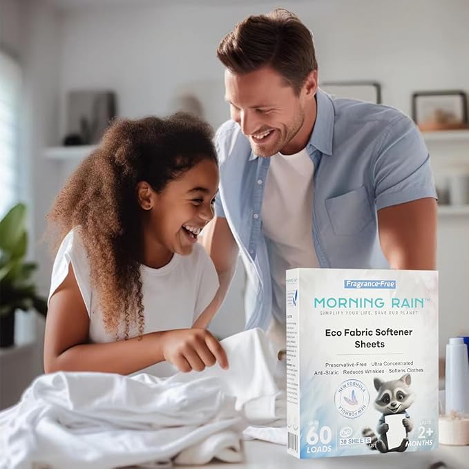 MorningRain Eco Fabric Softener Sheets for Washing Machine - Fragrance-Free, Preservative-Free, Ultra-Concentrated - 30 Sheets for Up to 60 Loads, Anti-Static, Reduces Wrinkles, Softens Clothes