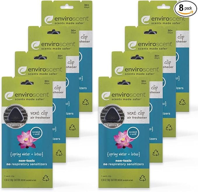 Enviroscent Non-Toxic Car Vent Clip | Single Use Car Air Freshener | Car Scent Lasting Over 30 Days Each, 8 Count (Spring Water & Lotus)
