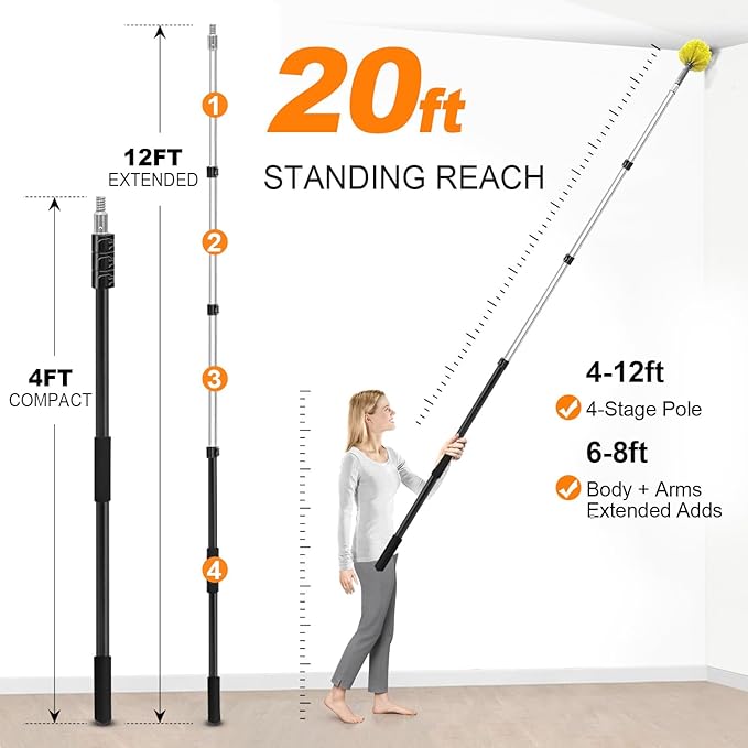 20 Foot Cobweb Duster with Extension Pole, 4-12ft Dusters for Cleaning with Bristles, High Reach Feather Duster for Outdoor Indoor, 4-Stage Spider Web Remover with Telescopic Pole for Ceiling Wall