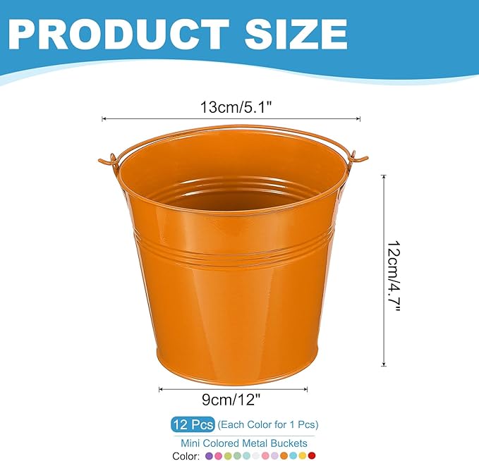 PATIKIL 5"x4.7" Small Metal Buckets with Handle, 12 Pcs Mini Bucket Easter Buckets, Red/Yellow/Blue/Light Purple/Pink/Light Green/Orange/Light Blue/White/Green/Rose Red/Dark Purple