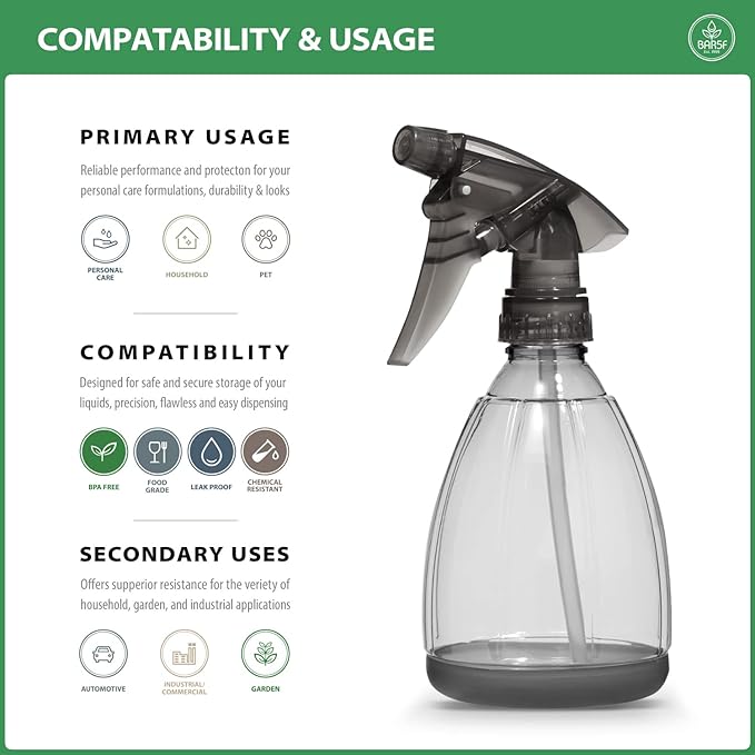 Bar5F Plastic Spray Bottle, 12 oz | Leak Proof, Empty, Trigger Handle, Adjustable Fine to Stream, Refillable, Hair Salons & Spas, Household Cleaners, Cooking | Smoke Grey (1)