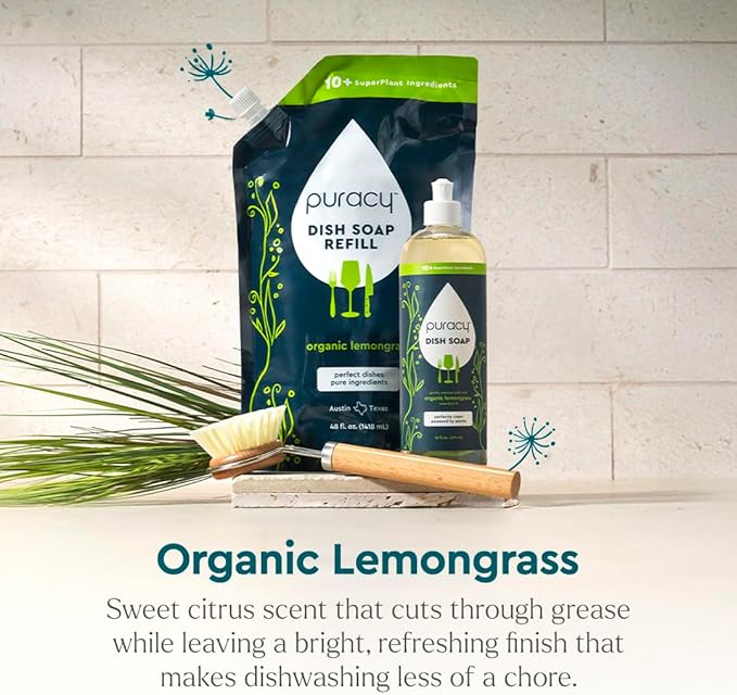 Puracy Natural Dish Soap Packs - Skin-Softening Plant-Based Dishwashing Soap, Non-Toxic Dish Soap, Organic Liquid Dishwashing Detergent Soap (Organic Lemongrass, 16 fl oz, 3 Pack)