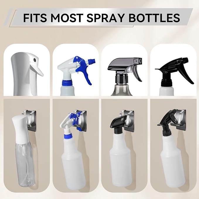 KIHOGEM Spray Bottle Hanger, Adhesive Spray Bottle Hook Stainless Steel Spray Bottle Holder Wall Mount Non Drilling for Cabinet, Kitchen or Under Sink (4pcs)