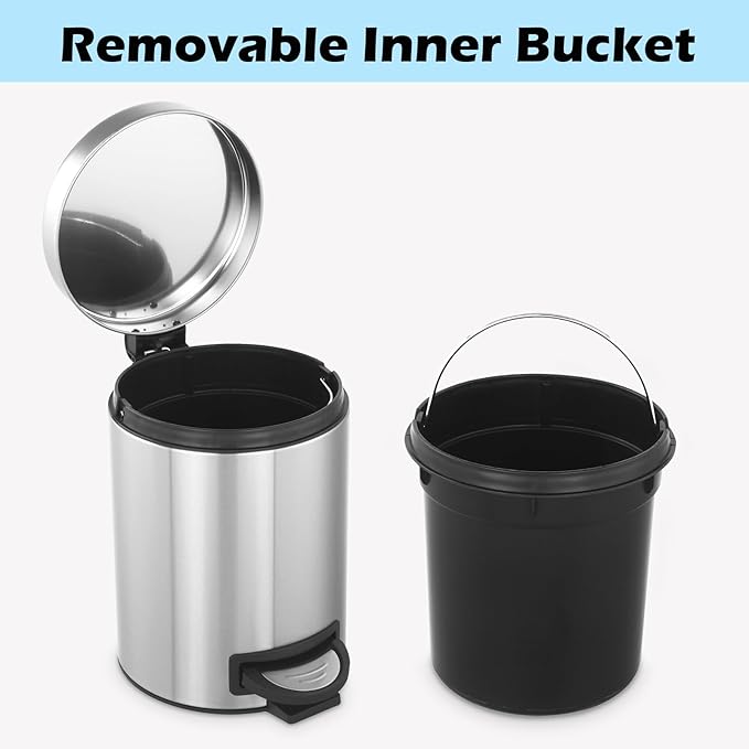 Trash Can with Lid 2PC - 5Liter/1.3 Gallon Stainless Steel Trash Can with Odor Protection Kitchen Garbage cans with Soft-Close Foot Pedal for Bathroom Home Office(2pc)