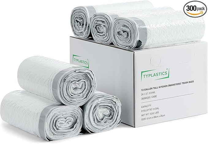 TYPLASTICS FleTex Tall Kitchen 13 Gallon Drawstring Trash Bags, 300 Bags, 24in x 27in, Unscented, White, Wholesale Pack