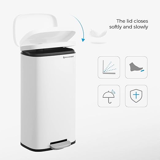 SONGMICS Trash Can with Lid, 8 Gallon Garbage Can, Stainless Steel Small Waste Bin with Step Pedal and Inner Bucket, Soft Close, Kitchen, White ULTB102W01