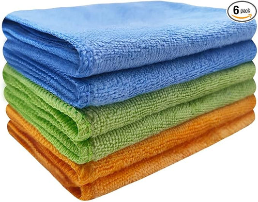 Microfiber Cleaning Cloths Softer Highly Absorbent Reusable 16"x12" Pack of 6 (Green Blue Orange) Lint Free Streak Free for House Kitchen Car Glass Stainless Steel Window