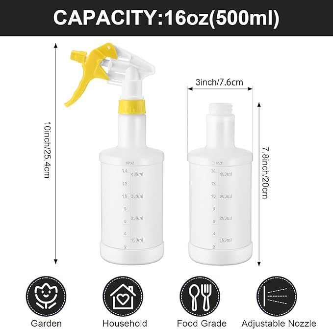Eccliy 12 Pcs 16 Oz Plastic Spray Bottle, Adjustable Empty Reusable Sprayer for Cleaning, Planting, Water, Bathroom and Kitchen, BBQ, Commercial and Residential(Yellow,Measurement)