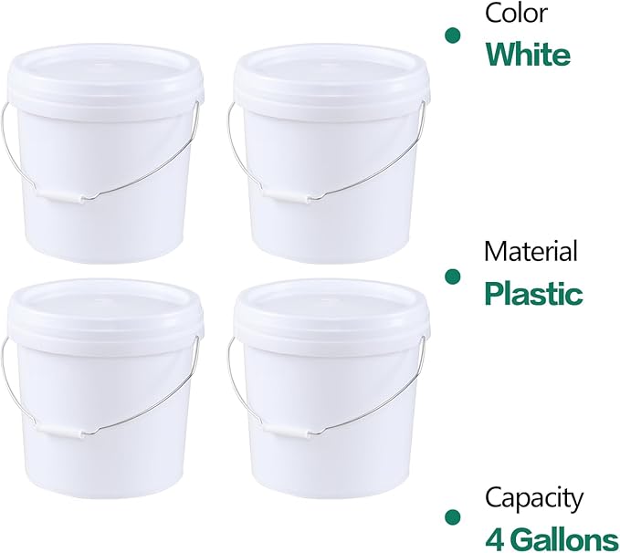 4-Gallon White Bucket Pail Container with Lid, Food Grade All Purpose Pail Built-in Handle, 4 Packs