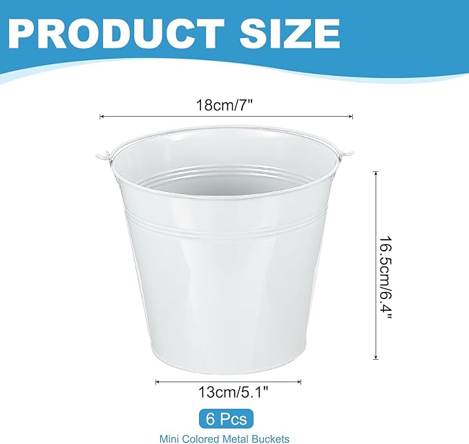 PATIKIL 7"x6.4" Small Metal Buckets with Handle, 6 Pcs Mini Galvanized Bucket Colorful Easter Buckets for Crafts Party Favors Decoration, White