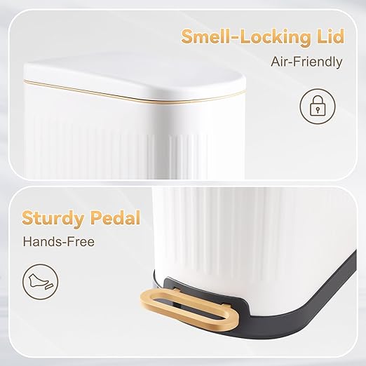 Slim Bathroom Trash Can with Soft Close Lid Stainless Steel Garbage Can Step Trash Bin with Removable Inner Bucket for Bedroom, Office, Kitchen (Matt White, 3.5 Gallons)