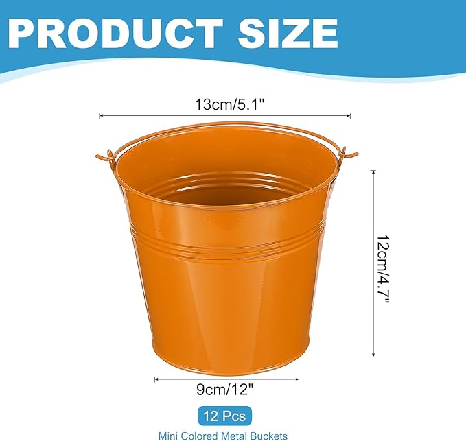 PATIKIL 5"x4.7" Small Metal Buckets with Handle, 12 Pcs Mini Bucket Easter Buckets, Orange