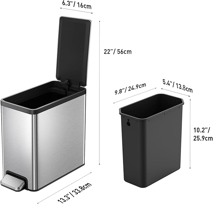 EKO Slim Small Bathroom Trash Can with Lid, Stainless Steel Kitchen Garbage Can with Removable Inner Bucket, 6L / 1.6 Gal 2 Pack Step On Trash Can Combo