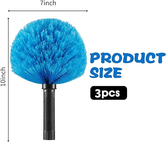 3 Pack Screw on Webster Cobweb Duster Head for Pole,Spider Web Remover Brush, Cobweb Duster Head Attachment,Fits Standard 3/4 inch Threaded Poles (3, Blue)