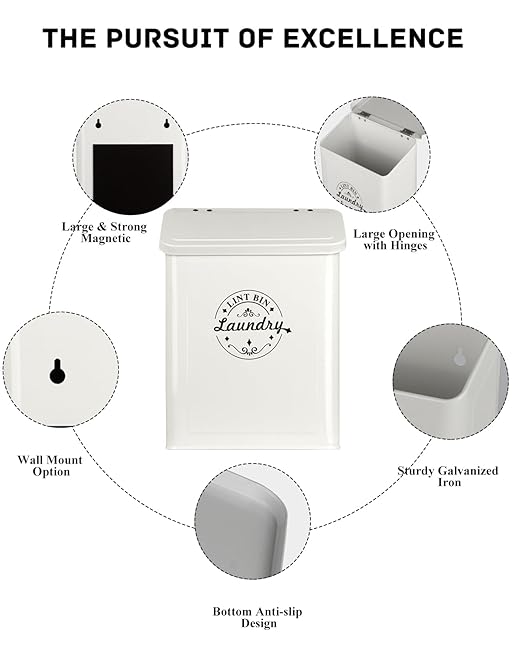 Magnetic Lint Bin for Laundry Room Organization and Storage with Brush, Wall-Mounted Laundry Dryer Lint Bin for Laundry Room Decor, Space-Saving Laundry Trash Can (Cream)