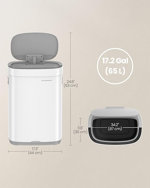 SONGMICS Kitchen Trash Can, 17.2-Gallon (65 L) Motion Sensor Garbage Can, Stainless Steel Trash Bin, Ozone Odor Control, Stay-Open, Cloud White ULTB660W01