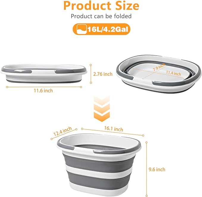 Large Collapsible Bucket 16L Two-Pack - Upgraded, Lightweight & Portable Water Bucket for House Cleaning, Camping, Storage - Space-Saving & Multiuse Cleaning Mop Bucket - Grey (2 Pack)