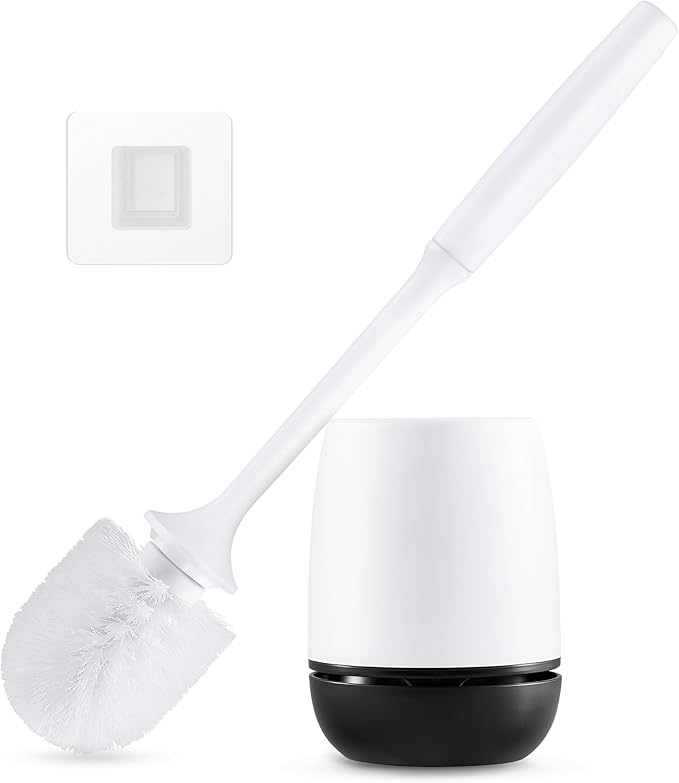 Toilet Brush, Toilet Bowl Brush and Holder Set for Bathroom, Toilet Cleaning Scrubber Brush for Bathroom for Deep Cleaning with Stiff Plastic Bristle, Ventilated Holder, Wall Mount Hook (White Head)