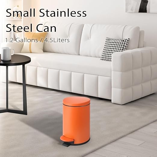TIPGO Small Trash Can with Lid Soft Close, 4.5 Liters / 1.2 Gallon Bathroom Garbage Can, Mini Step Trash Bin, Stainless Steel Wastebasket for Bathroom, Bedroom, Office (Orange)