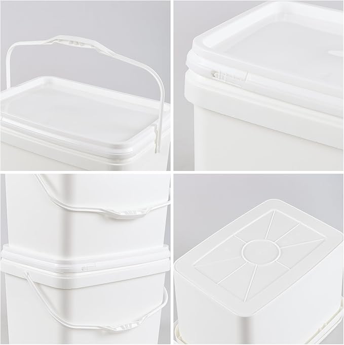 5 Gallon Rectangular Plastic Bucket Pail with Lid, 4 Pack White Square Bucket Pail Container with Handle for Food Storage