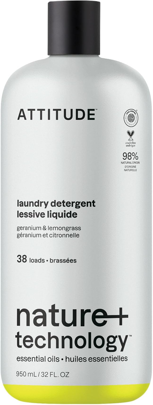 ATTITUDE Laundry Detergent Liquid, Natural Origin Ingredients, EWG Verified, High Efficiency, Infused with Essential Oils, For White and Colored Clothing, Geranium & Lemongrass, 38 Loads, 32 Fl Oz