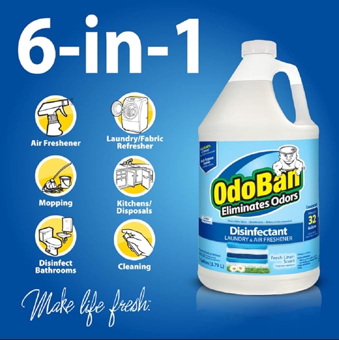OdoBan Multipurpose Cleaner Disinfectant and Harsh Smell Eliminator Fabric/Air Freshener Pack: Ready-to-Use 360-Degree Continuous Spray, 1 Gallon Concentrate, Solid Smell Absorber, Fresh Linen Scent