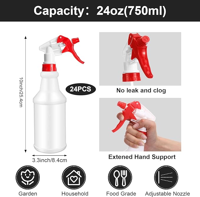 Gerrii 24 Pcs 24oz Plastic Spray Bottle Bulk, Empty Refillable Squirt Bottles for Cleaning Solution, Leak Proof Water Spray Bottle with Adjustable Nozzle and Stickers Commercial Supplies(Red)