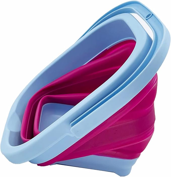 SAMMART Collapsible Rectangular Cleaning Bucket 5L (1.3 Gallon)- Foldable Camping Beach Sand Water Pot Pail- Portable Space Saving Tub for Household, Outdoor Car Washing (Cool Blue/Flamingo)