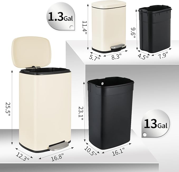 13.2+1.3 Gallon Trash Can Combo Set, Stainless Steel Garbage Bin with Pedal, Removable Inner Waste Bucket, Anti-Fingerprint, Soft-Close Locking Lid Dustbin for Kitchen, Bathroom, Office