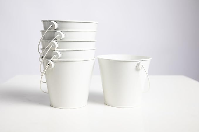 Small Metal Buckets with Handles - Leak-Proof Galvanized Pail - Multipurpose Tin Buckets for Party Favors, Organization, School, Weddings, Garden - Set of 6, White