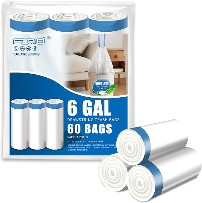 FORID Small Drawstring Trash Bags - 6 Gallon Plastic Trash Bags Heavy Duty White Trash Can Liners 60 Count Unscented Bin Bags for Kitchen Bathroom Office Home Bedroom 22 Liter