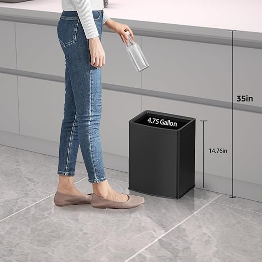 4.7 Gallon/18L Black Trash Can,Commercial Metal Trash Bin, Large Capacity Garbage Can, Business Waste Basket, for Desk, Office,Kitchen, Hotel, Home(18L Black)
