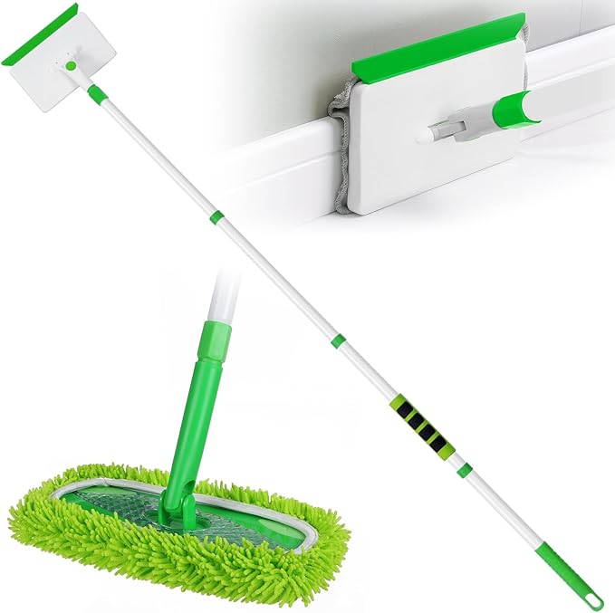 Baseboard Cleaner Tool with Handle, Extendable Long Handle Baseboard Cleaning Duster with Reusable Pads for Floorboard, Ceiling, Wall, Floor, Bathroom Kitchen (Green)