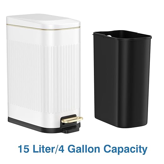 BETHEBEST Bathroom Trash Can with Lid,4 Gallon /15L Rectangular Garbage Can with Removable Inner Wastebasket,Soft Close, Step Stainless Steel Trash Can for Bathroom,Kitchen,Office(White)
