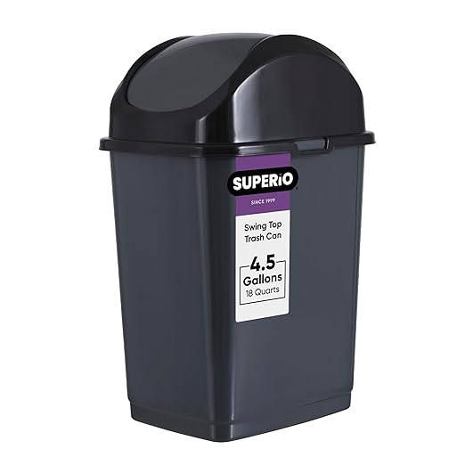 Superio Medium Trash Can with Lid 4.5 Gallon Plastic Swing Top Garbage Can Slim Waste Bin for Under Sink/Cabinet, Laundry Room, Kitchen, Office, Bedroom, Bathroom, College Dorm, 18 Qt, Grey