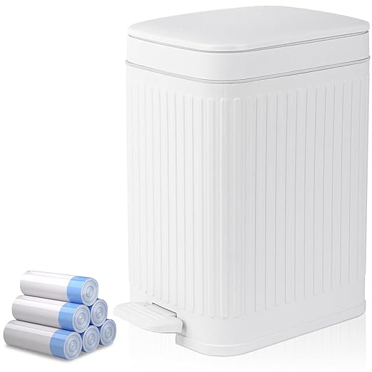 Small Bathroom Trash Can with Lid 1.9 Gallon Step Trash Can Slim Garbage Can with Soft-Close Waste Bin for Bathroom, Bedroom, Office, Dorm, RV, White