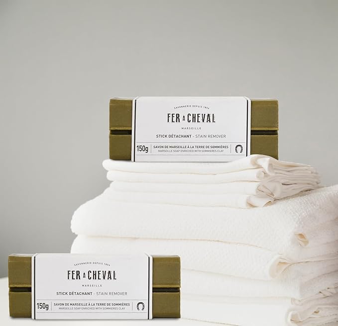 Fer à Cheval Marseille Soap Stain Remover Stick 2 Pack - Natural, Hypoallergenic, Travel-Sized Laundry Solution, 150g/5.29oz (Stick with Sommières Clay)