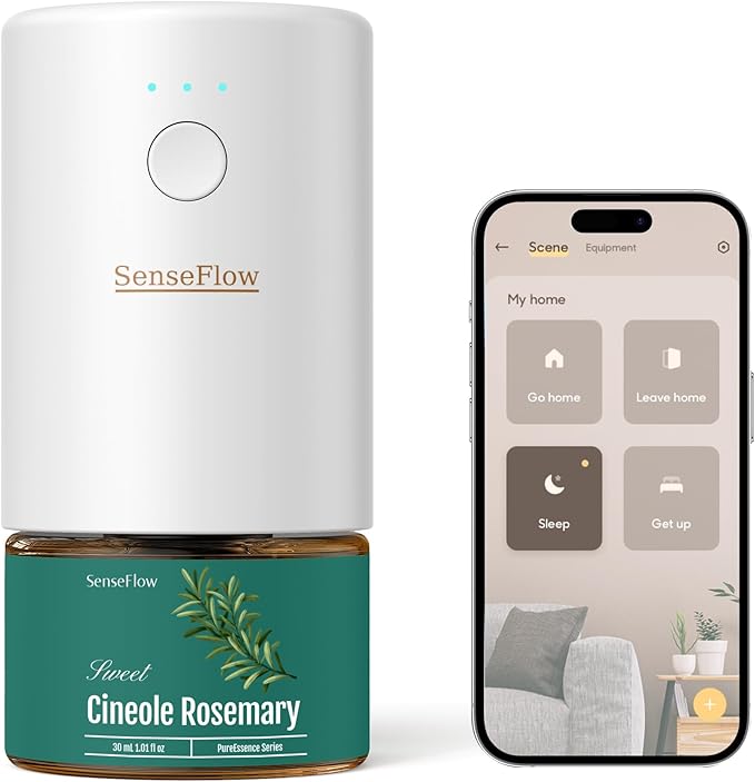 SF101S Smart Wi-Fi Waterless Ultrasonic Essential Oil Diffuser–100% Plant-Based,120-Day Natural Air Freshener & Aromatherapy Scent Diffuser Covers 100㎡ for Home,Hotel-Cineole Rosemary