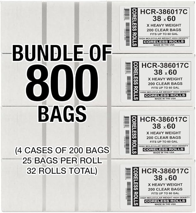 Aluf Plastics High Density Trash Bags, 60 Gallon, 800 Count, 17 Micron (eq), 38" x 60", Clear, for Bathroom, Office, Industrial, Commercial, Janitorial, Municipal, Recycling