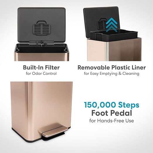 SIMPLI-MAGIC 13.2 Gallon (50L) Step Trash Can – Kitchen Garbage Can with Slow-Close Lid – Odor Control, Hands-Free, Easy to Clean, Brushed Stainless Steel (Rose Gold)
