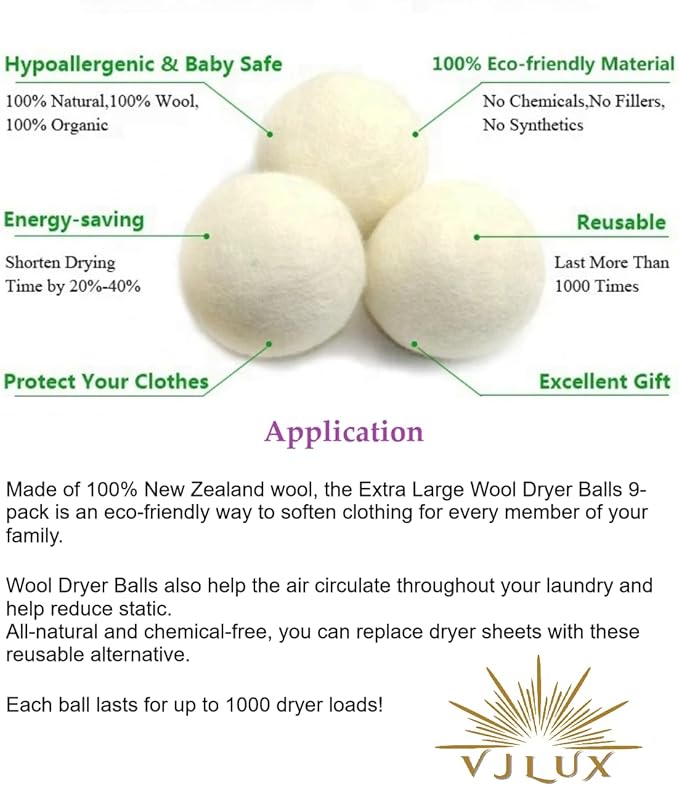 Wool Dryer Balls, Premium 9-Pack XL Natural Organic Dryer Balls, Eco-Friendly, Reusable, Chemical-Free Fabric Softener for Laundry with 3 Fragrance Oils