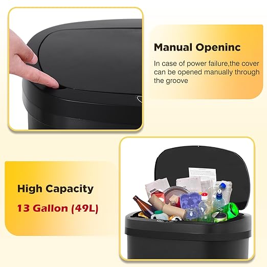 BestOffice | 13 Gallon Plastic Trash Can with Lid | Dark Black | Automatic Touchless Garbage Can | Odor Control | Modern Oval Design | Easy to Clean | Fits Any Kitchen, Bathroom, Office or Home