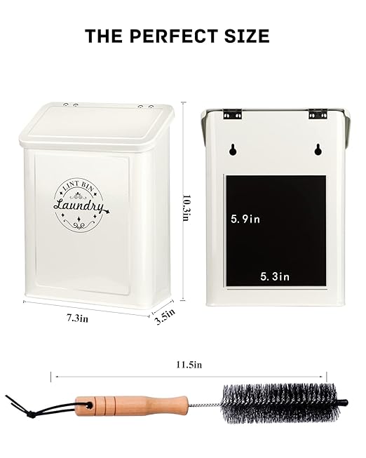 Magnetic Lint Bin for Laundry Room Organization and Storage with Brush, Wall-Mounted Laundry Dryer Lint Bin for Laundry Room Decor, Space-Saving Laundry Trash Can (Cream)