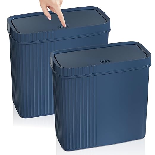 UUJOLY Small Bathroom Trash Can with Lid Slim Wastebasket Garbage Can Plastic Container Basket Trash Bin for Kitchen, Laundry Room, Office, Kids Room, Dorm, Navy Blue, 2.4 Gallon, 2 Pack